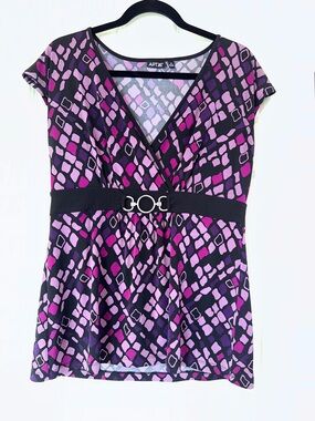 Apt. 9 Black and Purple v-Neck Geometric Surplice Top with faux belt waist Sz M